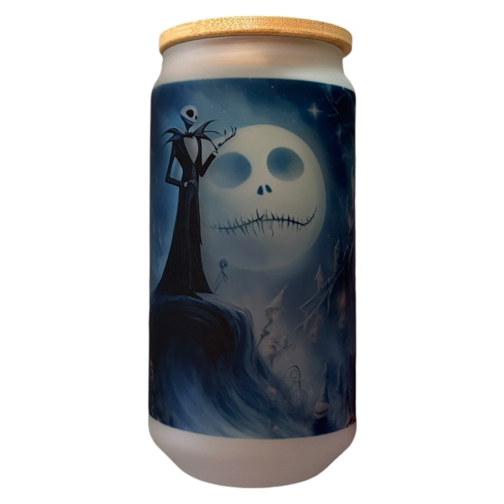 Nightmare Before Christmas 16 Oz Glass Can Tumbler with Straw and Bamboo Lid
